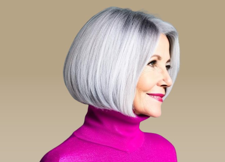 Older woman with beautiful gray hair, cut in a chin-length bob