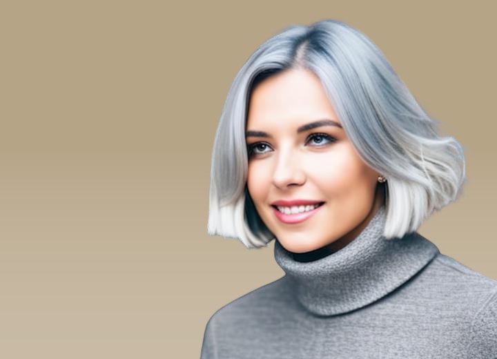 Young woman with gray hair cut into a bob and wearing a turtleneck