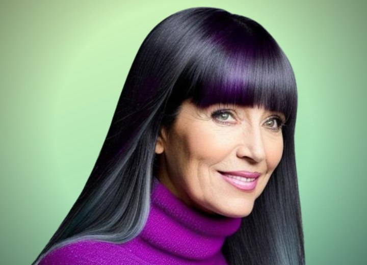 Older woman with long dark gray hair with purple streaks, wearing a purple turtleneck