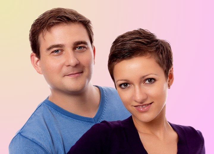 Partner looks with man and woman wearing similar hairstyles