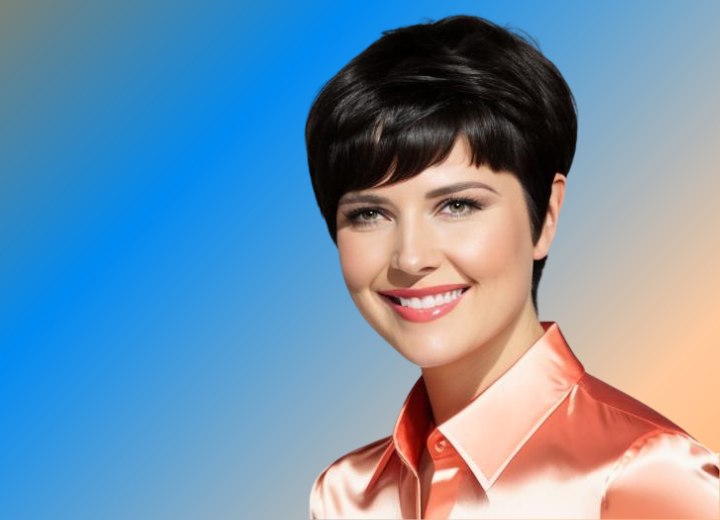 Woman with dark hair in a pixie cut, wearing a coral color satin shirt