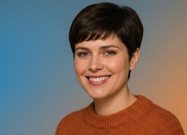 Woman with dark hair in a pixie cut