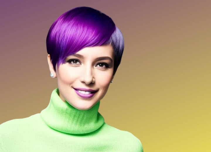 Woman with purple hair in a pixie cut and wearing a green turtleneck