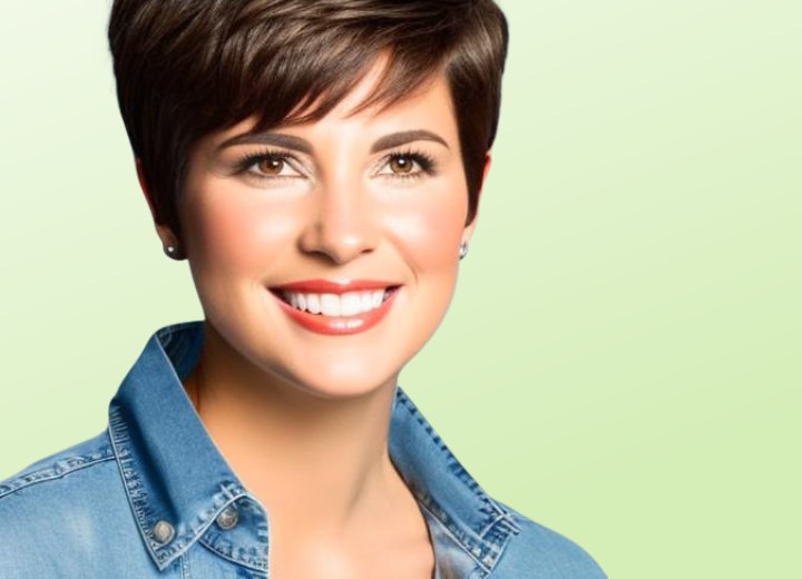 Woman with beautiful pixie short hair wearing a denim shirt