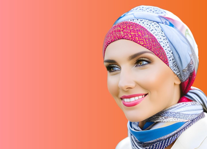 Woman who is wearing a silk scarf around her head