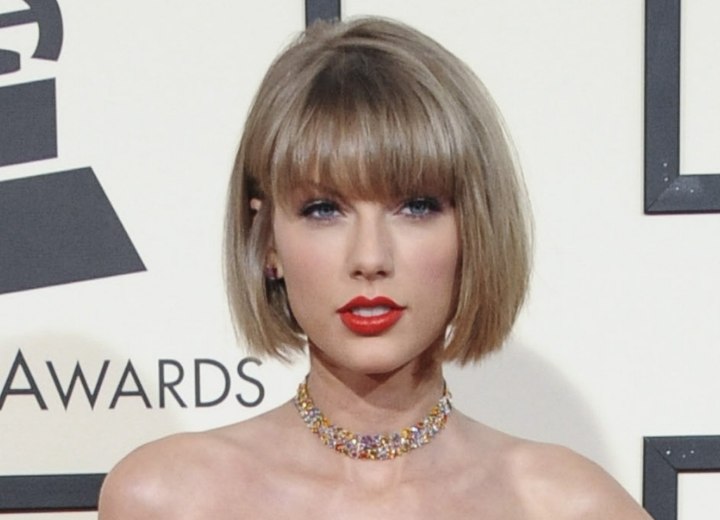 Taylor Swift wearing a short bob with bangs