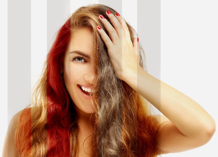 Woman with hair color transitioning from blond, to red, to brown