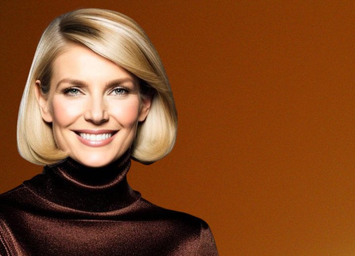Woman with chin-length blonde hair, wearing a brown turtleneck