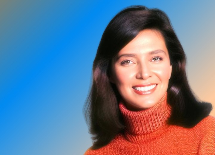 Woman with long dark hair, wearing a coral color turtleneck