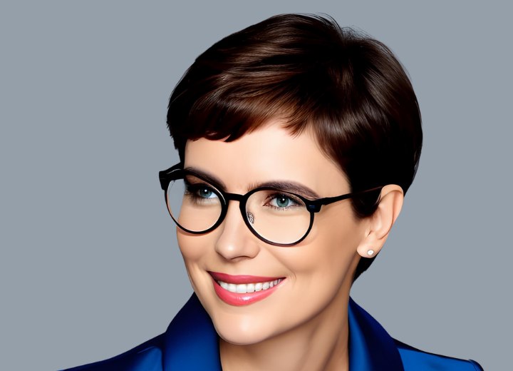 Happy older woman with short hair and wearing glasses