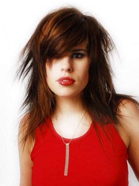 Long razor cut hairstyle with bangs