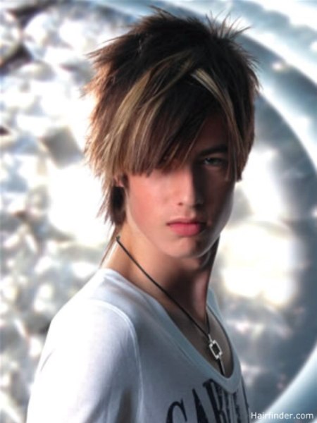 Men's hairstyle with long zigzag combed bangs and highlights