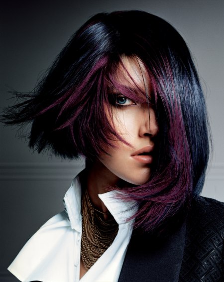 Masculine feminine dandy look with violet hair coloring