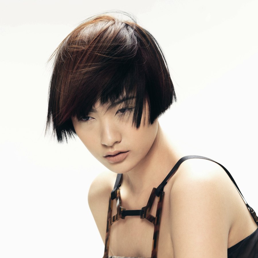 Ear-length Asian hairstyle with a short cropped neck and 