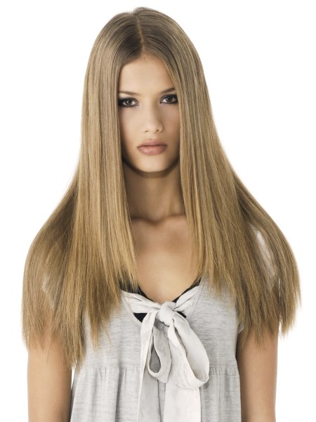 Super straight long hair with a straight partition