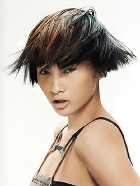 Ear-length Asian hairstyle with a short cropped neck and highlights