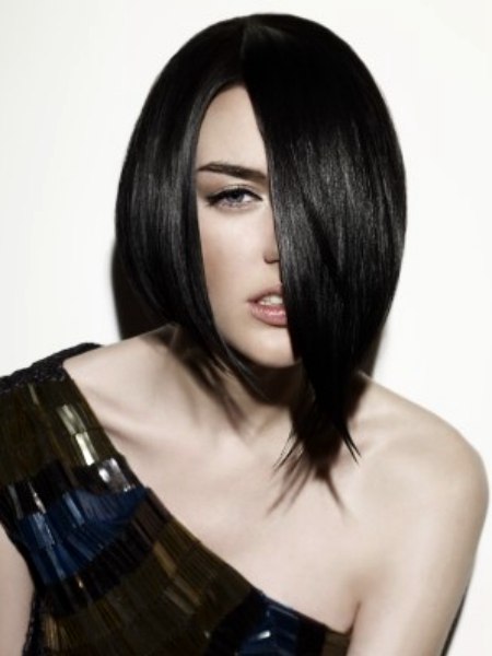 Fashion bob hairstyle with an asymmetrical shape and a short neck