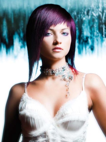 Razor cut asymmetrical purple hair