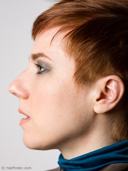 Side view of a short pixie cut with choppy layers