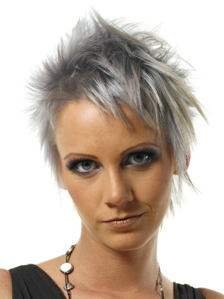 Short haircut with a metallic gray hair color