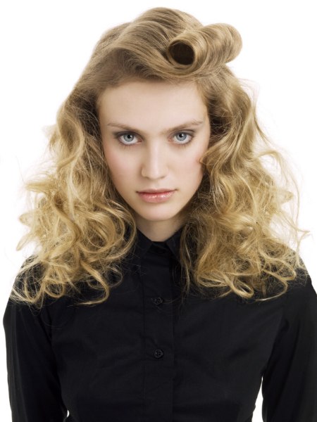 Long hairstyle with curls and a large roll of hair above the forehead