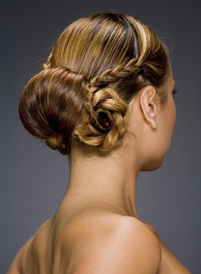 Nape-gathered knot with an old-world chignon, a roll-up bun