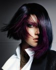 Hair with purple streaks and a peek-through fringe