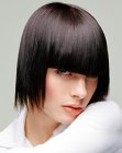 Shiny medium length bob with a pupil level fringe