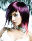 Razor-cut purple hair with angled bangs