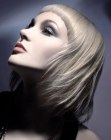 Mid-length flaxen blonde hair with super short bangs