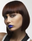 Sleek just below the chin bob with bangs