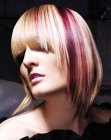 Sleek blonde hair with purple streaks