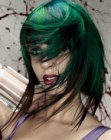 Green hair with long and short layers
