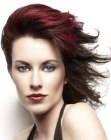 Windswept style for dark cherry red hair