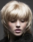 Neck-length hairstyle with thick bangs and textured tips