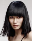 Shoulder long bob with heavy bangs for black hair