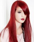 Straight and very long red hair with blunt cutting lines