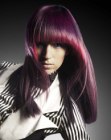 Blunt cut purple hair with wide bangs