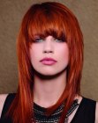 Red hair with a tapered line that frames the face