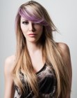 Long blonde hair with purple side bangs