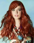 Long red hairstyle with a woven bangs section