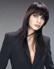 Very long face framing hairstyle with bangs