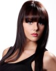 Smooth and shiny brown hair with bangs