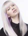 Long blonde hair with wide bangs and a purple accent color
