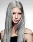 Long silvery grey hair with a middle part
