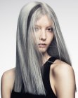 Long silver hair with a black strand