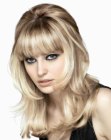 Platinum blonde hair with layers and blunt bangs