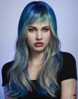 Long hair with statement colors and asymmetrical bangs