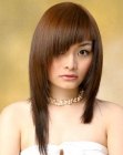 Asymmetric cut with angled bangs for long Asian hair