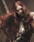 Long red hair with huge waves and curls